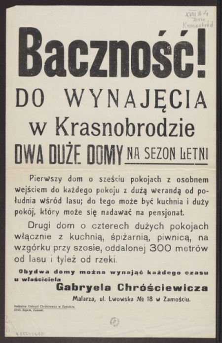 Zbiory biblioteki cyfrowej Polona, Ogłoszenie Gabriela Chróściewicza o wynajmie na sezon letni dwóch domów w Krasnobrodzie, Drukarnia Szpera w Zamościu.